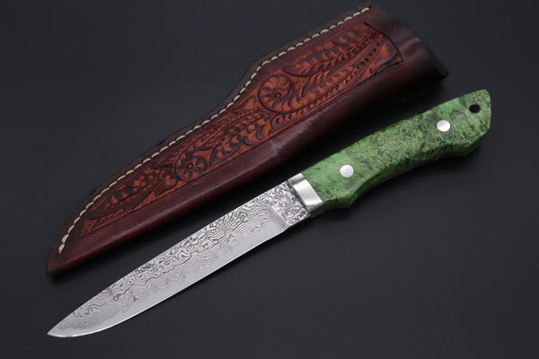 Mr. Itou  IT-205B  Custom R2 Damascus 5-1/2" Drop-point Hunter, Maple Burl wood Handle - japaneseknifedirect.mom