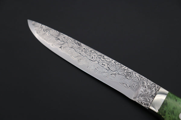 Mr. Itou  IT-205B  Custom R2 Damascus 5-1/2" Drop-point Hunter, Maple Burl wood Handle - japaneseknifedirect.mom