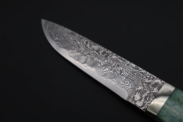 Mr. Itou  IT-400A Drop Point Hunter, 4-1/4" R2 Damascus Blade, Green Camel Bone Handle