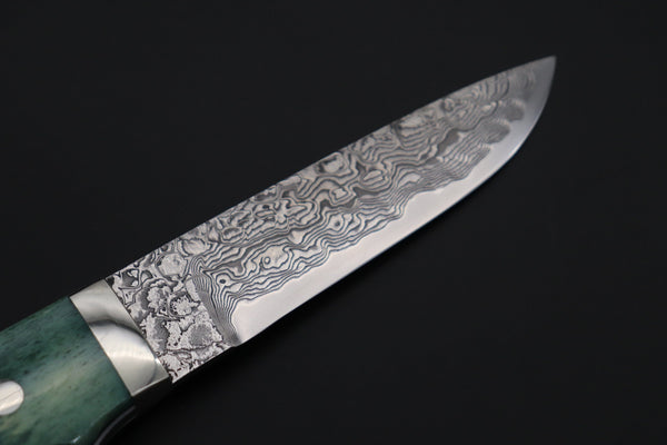 Mr. Itou  IT-400A Drop Point Hunter, 4-1/4" R2 Damascus Blade, Green Camel Bone Handle