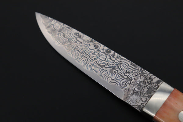 Mr. Itou IT-420A Drop Point Utility Hunter, 3-3/4" R-2 Damascus Blade, Orange Camelbone Handle