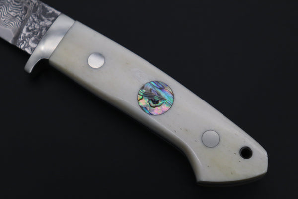 Mr. Itou  IT-460A Drop Point Hunter, 3-5/8" R2 Damascus Blade, White Camelbone Handle with Abalone inlay