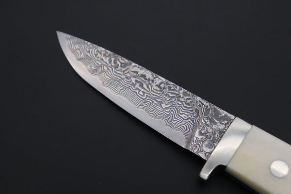 Mr. Itou  IT-460A Drop Point Hunter, 3-5/8" R2 Damascus Blade, White Camelbone Handle with Abalone inlay