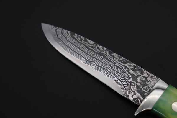 Mr. Itou  IT-470A Drop Point Hunter, 4" R2 Damascus Blade, Green Camelbone Handle