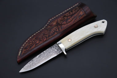 Mr. Itou  IT-480A Drop Point Hunter, 3-3/4" R-2 Damascus Blade,  White Jigged  Camelbone Handle