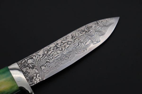 Mr. Itou  IT-480B Drop Point Hunter, 3-3/4" R2 Damascus Blade, Green Camelbone Handle - japaneseknifedirect.mom