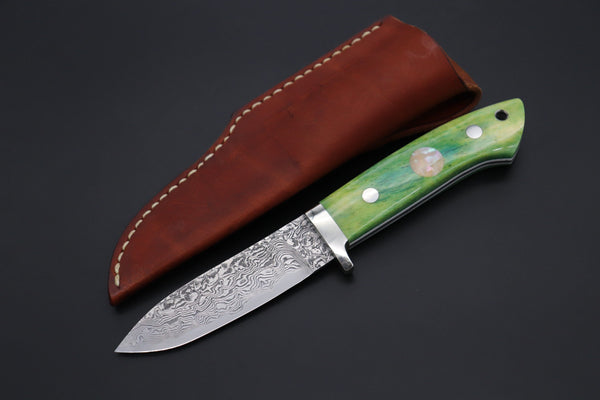 Mr. Itou  IT-480B Drop Point Hunter, 3-3/4" R2 Damascus Blade, Green Camelbone Handle - japaneseknifedirect.mom