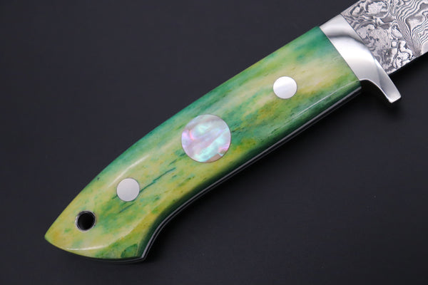 Mr. Itou  IT-480B Drop Point Hunter, 3-3/4" R2 Damascus Blade, Green Camelbone Handle - japaneseknifedirect.mom