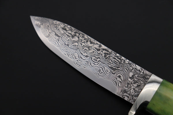 Mr. Itou  IT-480B Drop Point Hunter, 3-3/4" R2 Damascus Blade, Green Camelbone Handle - japaneseknifedirect.mom