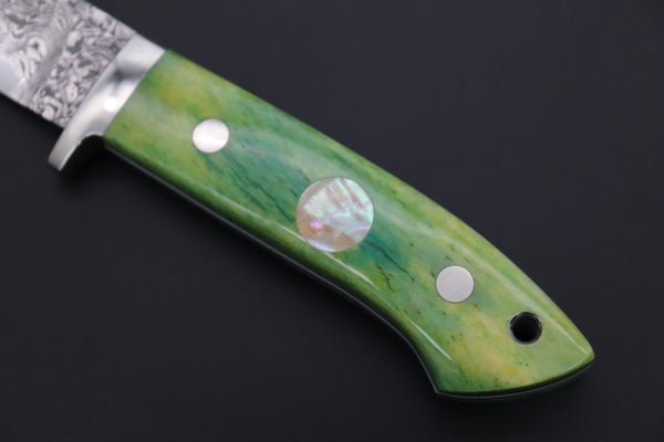 Mr. Itou  IT-480B Drop Point Hunter, 3-3/4" R2 Damascus Blade, Green Camelbone Handle - japaneseknifedirect.mom