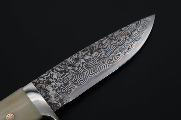 Mr. Itou  IT-500B Drop Point Hunter, 3-3/4" R2 Damascus Blade, White Camelbone Handle