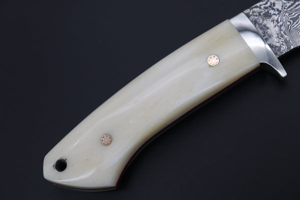 Mr. Itou  IT-500B Drop Point Hunter, 3-3/4" R2 Damascus Blade, White Camelbone Handle