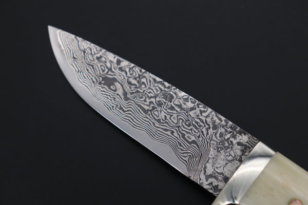 Mr. Itou  IT-500B Drop Point Hunter, 3-3/4" R2 Damascus Blade, White Camelbone Handle