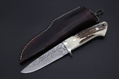 Mr. Itou  IT-600B Drop Point Hunter, 4-1/2" R2 Damascus Blade, Genuine Stag Handle
