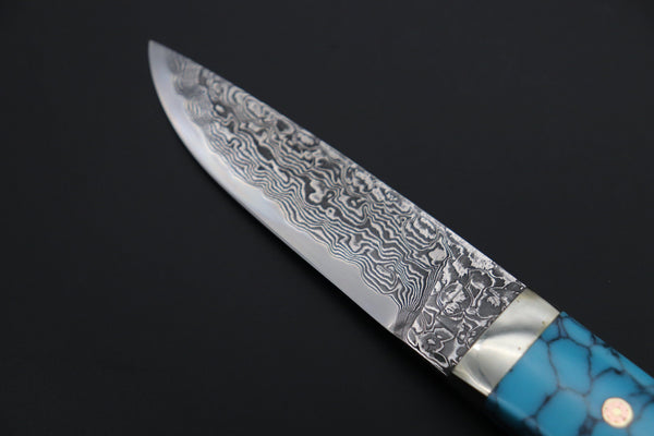 Mr. Itou IT-710 Drop Point Utility Hunter, 3-3/4" R-2 Damascus Blade, Turquoise composite Stone Handle