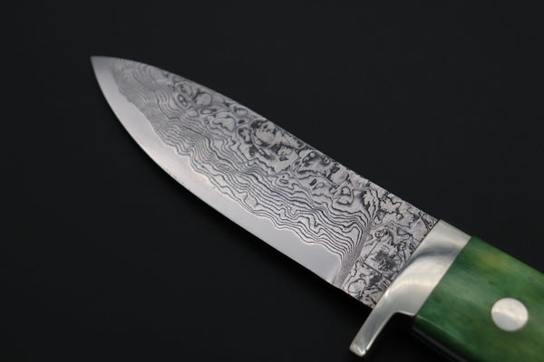 Mr. Itou  IT-740 Drop Point Hunter, 3-5/8" R2 Damascus Blade, Green Camelbone Handle with White Abalone inlay