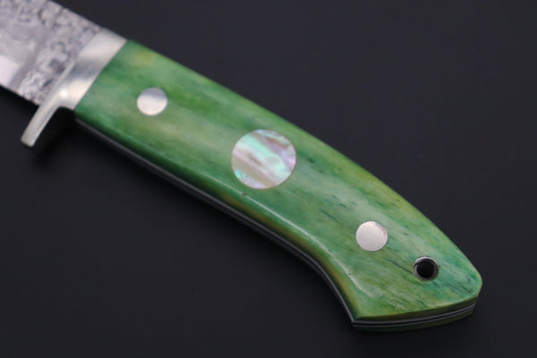 Mr. Itou  IT-740 Drop Point Hunter, 3-5/8" R2 Damascus Blade, Green Camelbone Handle with White Abalone inlay