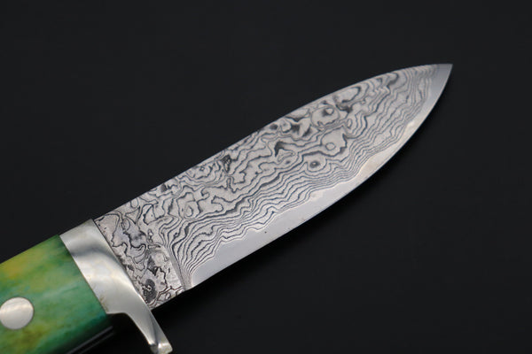 Mr. Itou  IT-740 Drop Point Hunter, 3-5/8" R2 Damascus Blade, Green Camelbone Handle with White Abalone inlay