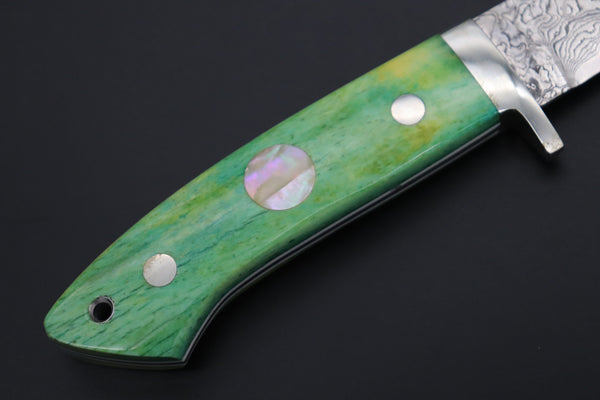 Mr. Itou  IT-740 Drop Point Hunter, 3-5/8" R2 Damascus Blade, Green Camelbone Handle with White Abalone inlay