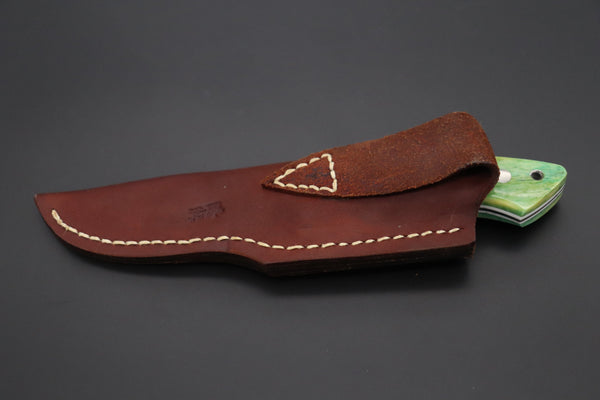 Mr. Itou  IT-740 Drop Point Hunter, 3-5/8" R2 Damascus Blade, Green Camelbone Handle with White Abalone inlay