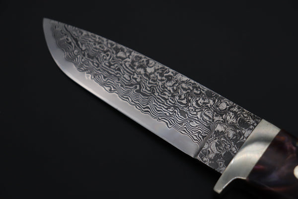 Mr. Itou  IT-760 Drop Point Hunter, 5" R2 Damascus Blade, Crazy Purple Color Hybrid Resin Handle