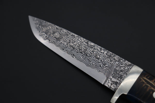 Mr. Itou  IT-770 Drop Point Hunter, 5" R2 Damascus Blade, Ocean Blue Color Stabilized Spruce Cones Hybrid Handle
