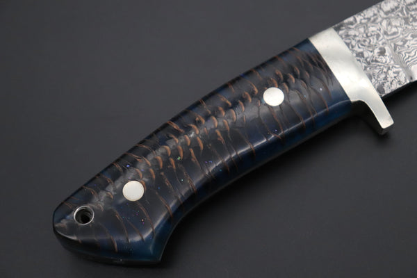 Mr. Itou  IT-770 Drop Point Hunter, 5" R2 Damascus Blade, Ocean Blue Color Stabilized Spruce Cones Hybrid Handle