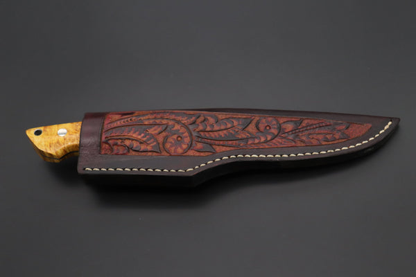 Mr. Itou  IT-780  Custom R2 Damascus 5.9" Drop-point Hunter, Stabilized Maple Burl wood Handle
