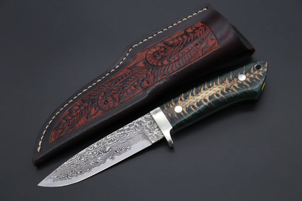 Mr. Itou  IT-790 Drop Point Hunter, 4.6" R2 Damascus Blade, Forest Green Color Stabilized Spruce Cones Hybrid Handle