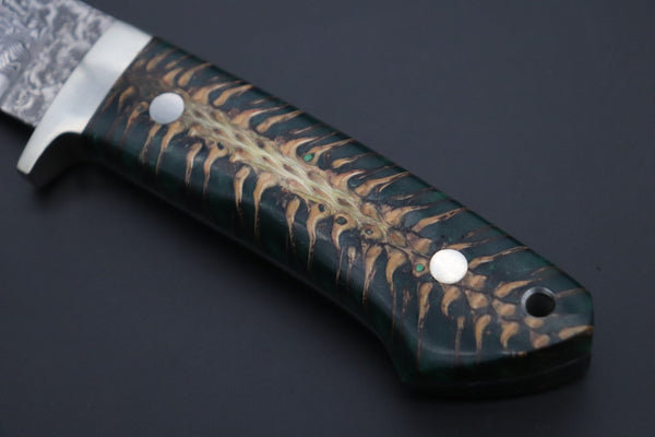 Mr. Itou  IT-790 Drop Point Hunter, 4.6" R2 Damascus Blade, Forest Green Color Stabilized Spruce Cones Hybrid Handle