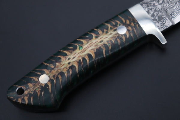 Mr. Itou  IT-790 Drop Point Hunter, 4.6" R2 Damascus Blade, Forest Green Color Stabilized Spruce Cones Hybrid Handle