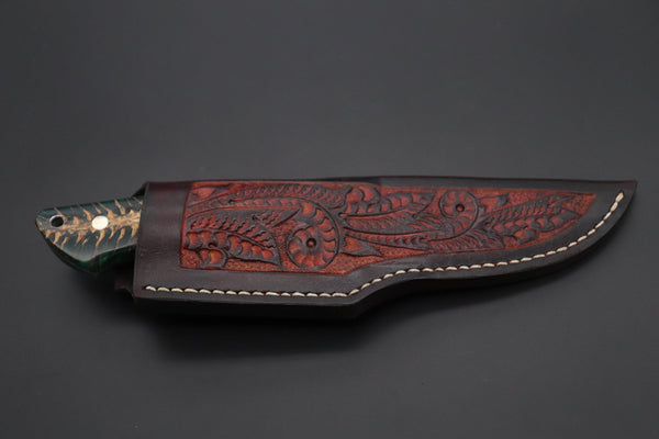 Mr. Itou  IT-790 Drop Point Hunter, 4.6" R2 Damascus Blade, Forest Green Color Stabilized Spruce Cones Hybrid Handle