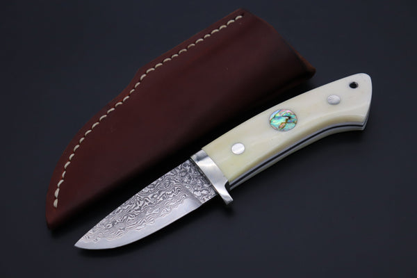 Mr. Itou  IT-800 Drop Point Hunter, 3" R-2 Damascus Blade, White Camelbone Handle