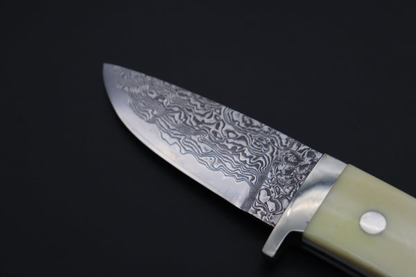 Mr. Itou  IT-800 Drop Point Hunter, 3" R-2 Damascus Blade, White Camelbone Handle