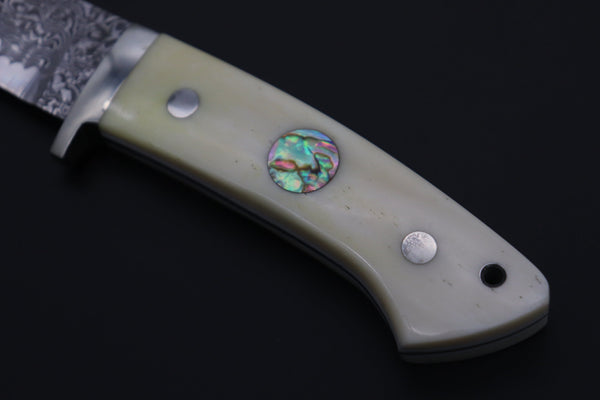 Mr. Itou  IT-800 Drop Point Hunter, 3" R-2 Damascus Blade, White Camelbone Handle