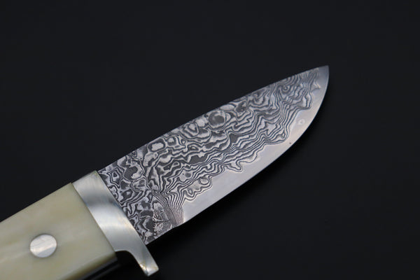 Mr. Itou  IT-800 Drop Point Hunter, 3" R-2 Damascus Blade, White Camelbone Handle