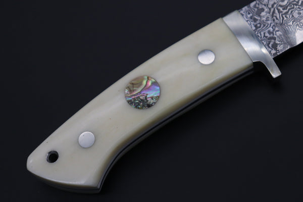 Mr. Itou  IT-800 Drop Point Hunter, 3" R-2 Damascus Blade, White Camelbone Handle