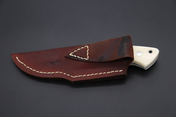 Mr. Itou  IT-800 Drop Point Hunter, 3" R-2 Damascus Blade, White Camelbone Handle