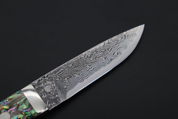 Mr. Itou  IT-850 Drop Point Utility Hunter, 3.7" R2 Damascus Blade, Abalone Handle
