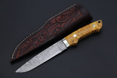 Mr. Itou  IT-880  Custom R2 Damascus 5.3" Drop-point Hunter, Maple Burl wood Handle