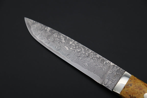 Mr. Itou  IT-880  Custom R2 Damascus 5.3" Drop-point Hunter, Maple Burl wood Handle