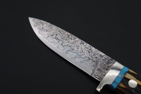 Mr. Itou  IT-890 "Treasure Hunter Series" Drop Point Hunter, 3.5" R-2 Damascus Blade, Sambar Stag Custom Combination Handle
