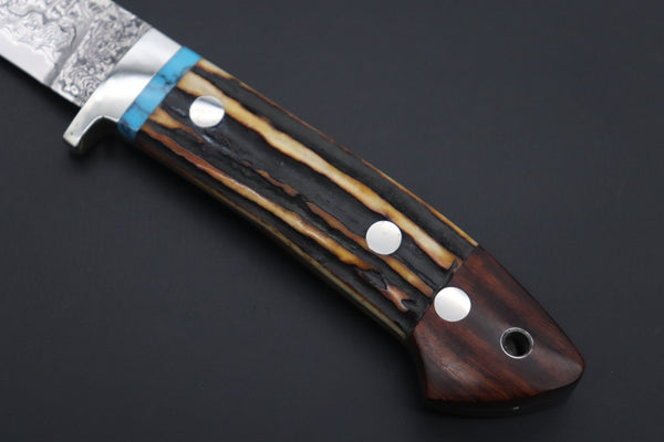 Mr. Itou  IT-890 "Treasure Hunter Series" Drop Point Hunter, 3.5" R-2 Damascus Blade, Sambar Stag Custom Combination Handle