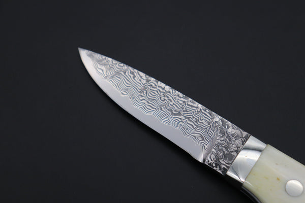 Mr. Itou  IT-920 Drop Point Utility Hunter, 3.5" R-2 Damascus Blade, White Camelbone Handle