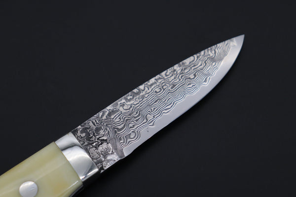 Mr. Itou  IT-920 Drop Point Utility Hunter, 3.5" R-2 Damascus Blade, White Camelbone Handle