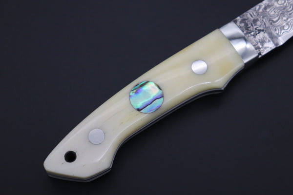 Mr. Itou  IT-920 Drop Point Utility Hunter, 3.5" R-2 Damascus Blade, White Camelbone Handle