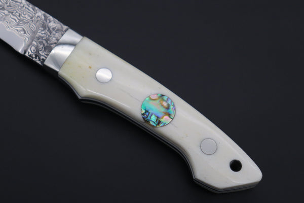 Mr. Itou  IT-920 Drop Point Utility Hunter, 3.5" R-2 Damascus Blade, White Camelbone Handle