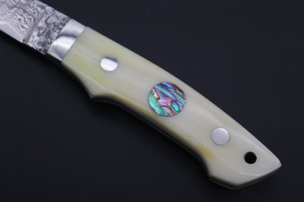 Mr. Itou  IT-930 Drop point Utility Hunter, 3.1" R-2 Damascus Blade,  White Camelbone Handle