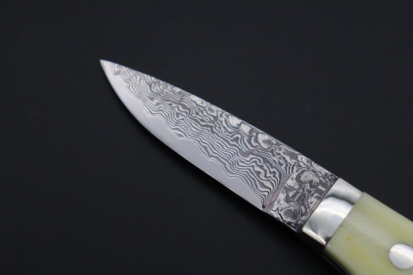 Mr. Itou  IT-930 Drop point Utility Hunter, 3.1" R-2 Damascus Blade,  White Camelbone Handle
