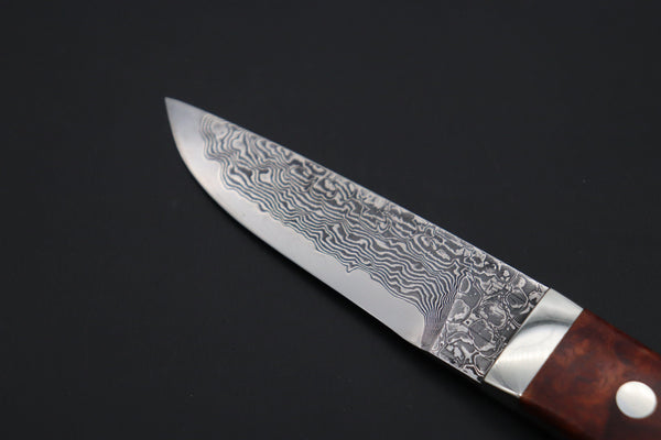 Mr. Itou  IT-940 Drop Point Utility Hunter, 3.6" R-2 Damascus Blade, Quince Burlwood Handle